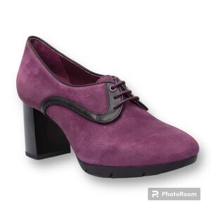 Camper Angie Heeled Oxford Shoes Lace Up Block Heel Leather Deep Plum and Black